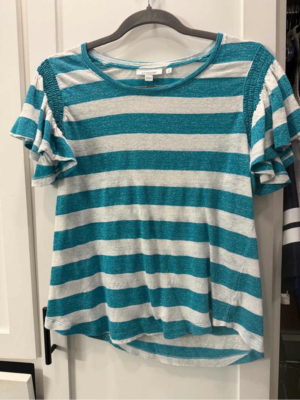Chico's Teal and White Striped Ruffle-Sleeve Tee